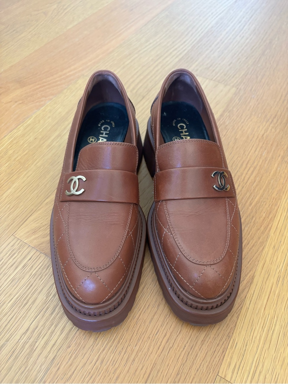 CHANEL Chestnut Brown Leather Penny Loafers with Gold CC Emblem - Picture 1 of 9